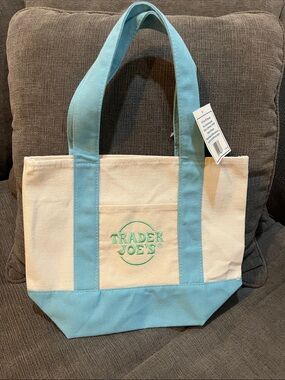 Trader Joe's Cream and Light Blue Canvas Tote